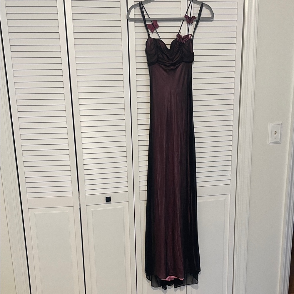 Long Sheer Black & Burgundy Slip Dress with Butterfly Accent Straps